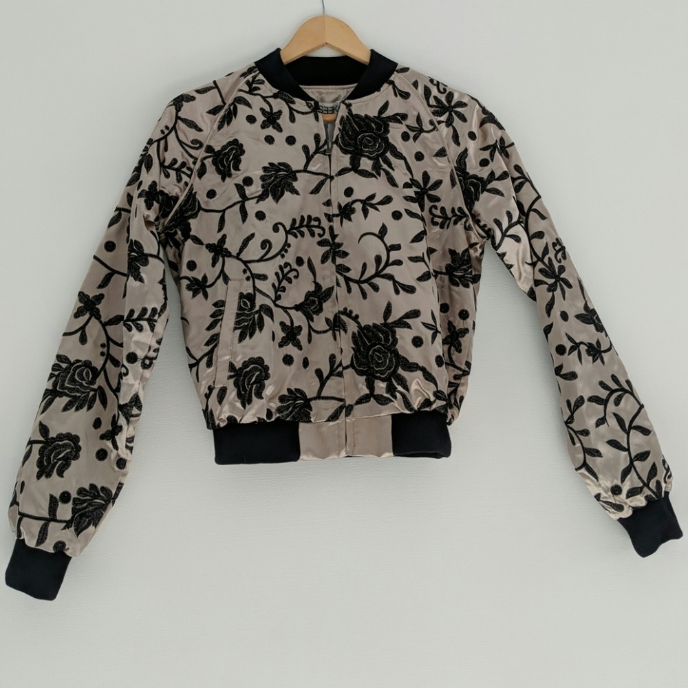 SEEK Embroidered Satin Bomber Jacket NWT